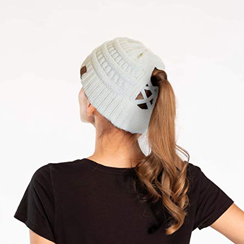 C.C Exclusives Soft Stretch Cable Knit Messy Bun Ponytail Beanie Winter Hat for Women (MB-20A) - color: 0 Criss-cross Magenta Purple