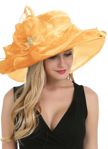 Organza Fascinator Hat - Women’s Wide Brim Church Bridal Tea Party Wedding Hat - color: 02a-orange