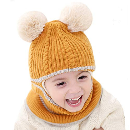 Toddler Winter Hat Baby Balaclava 2 in 1,Fleece Lined Knitted Beanie with Face Mask, Ear Flaps & Pom Pom for Boys Girls - color: Bear-yellow