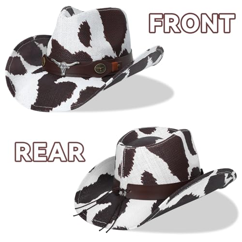 WQWOVRVO Cowboy Hat,Cowgirl Hat,Western Cowboy Hats for Women/Mens/Straw Wide with Shapeable Brim Cowboy Hat for Womens - color: Brown Cow Pattern