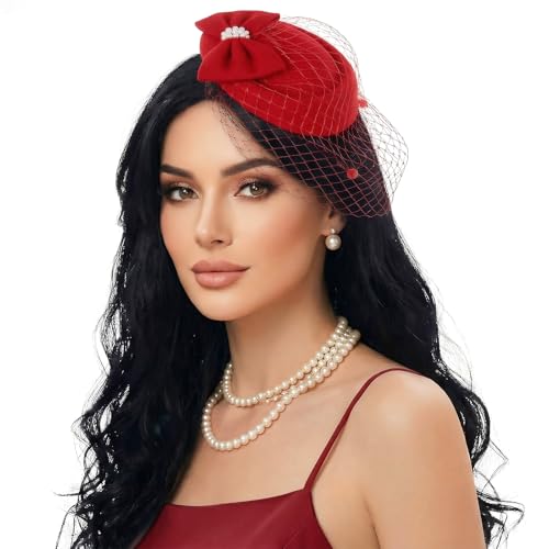 Fascinator Hat for Women Veil Fascinators Tea Party Wedding Retro Pillbox Hats for Cocktail Dresses Accessories - color: Red