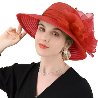 DRESHOW Lady Derby Dress Church Bowler Cloche Hat Bowknot Organza Bridal Cap for Wedding - color: 1 Pc: Red