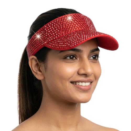 Women Shiny Rhinestone Bling Sun Visor Adjustable Tennis Beach Ponytail Hat - color: Red Hat+red Rhinestone