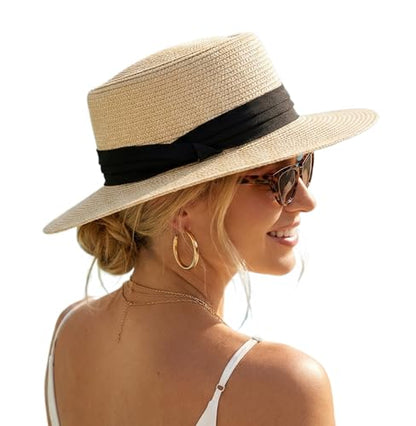 Straw Sun Hats for Women Summer Beach Wide Brim Boater Hat Fashion Travel Vacation Fedora Panama UPF 50+ - color: Beige Black
