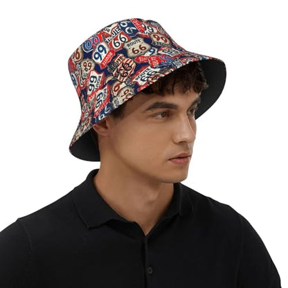 Bucket Hat for Men Women Packable Sun Hats Fisherman Outdoor Summer Travel Hiking Beach Caps - color: Route 66