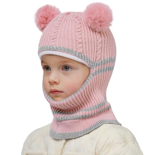 Kids Winter Hat Scarf, Toddler Scarf Hat for Girls with Pom Knit Neck Warmer Gaiter Mittens Fleece Lined Set for Kids - color: Pink