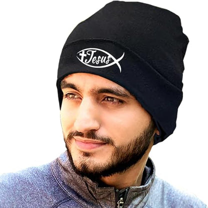 Black Knit Beanie Hat for Men Bear Classic Adult Beanie Cap Winter Warm Knitted Hat for Men Women Skull Hip Hop Cap for Men - color: Fish Jesus