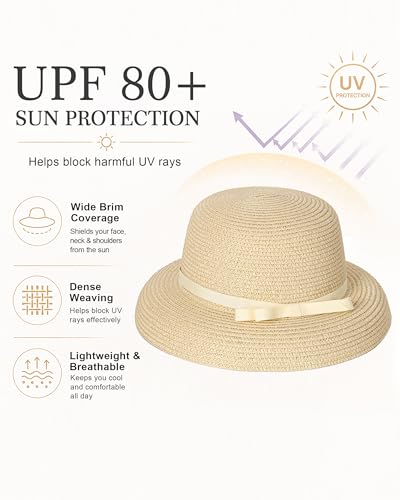 Sun Hats for Women Summer Beach Hat for Women with UV Sun Protection Large Straw Hats for Women with Strap - color: Beige+smallbrimbowknot