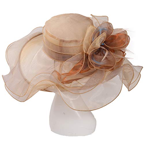 Women Oganza Sun Hat Church Wide Brim Wedding Formal Fascinator Hat - color: Light Blue & Light Yellow
