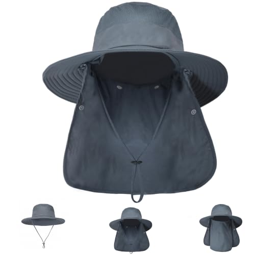 Sun Hat Bucket Hats for Men Women,Outdoor Wide Brim Fishing Hat with Detachable Face Cover & Neck Flap UV Protection - color: Deepgrey