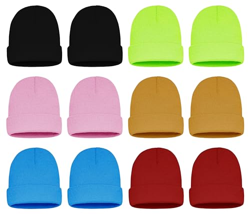12 Pack Winter Beanie Hats for Men Women, Warm Cozy Knitted Cuffed Skull Cap, Wholesale - color: Assorted Neon Colors