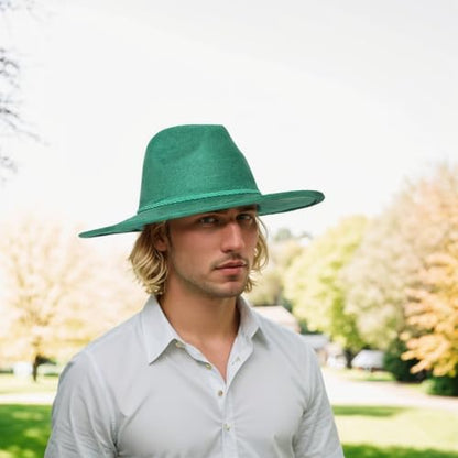 Fedora Hat for Men Women, Wide Brim Felt Panama Cap - color: Green