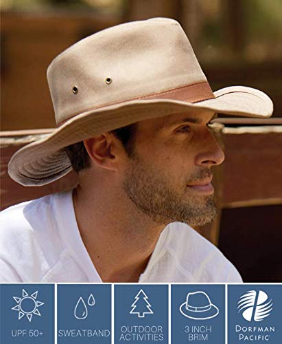 Dorfman Hat Co. - Saguaro -Men’s Twill Outback Hat -Garment Washed Twill -Faux Leather Band - UPF 50+ - color: Bark, size: Medium