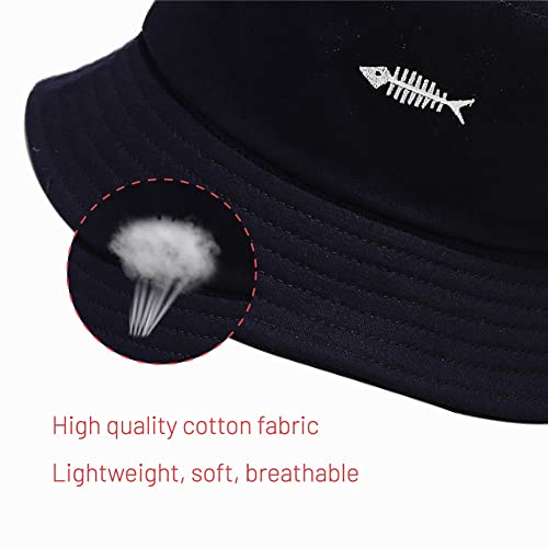 Cotton Bucket Hat for Women Men Summer Travel Sun Beach Bucket Cap, Unisex Outdoor Fisherman Hat - color: Fish Bones Black