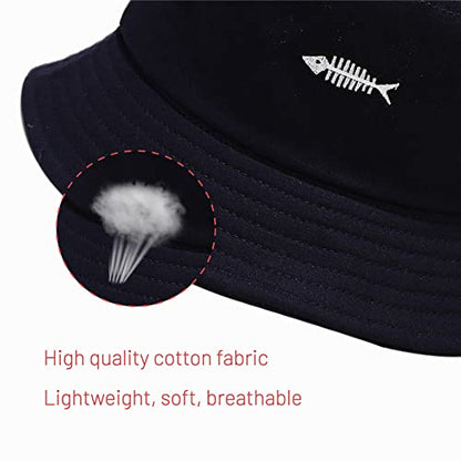 Cotton Bucket Hat for Women Men Summer Travel Sun Beach Bucket Cap, Unisex Outdoor Fisherman Hat - color: Fish Bones Black