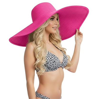 Barelove Sun Straw Hat Wide Brim Shape Hat with UPF 80+, Packable Foldable Floppy Summer Beach Hat for Women Men - color: Rose