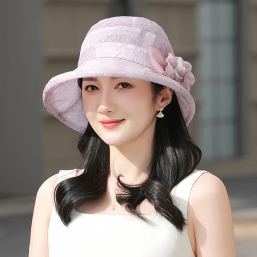 LumiSyne Women's Tulle Sun Hat Floral Bucket Hat Vintage Elegant Cloche Hat with Upturn Brim Summer Cap for Beach Travel - color: Pink