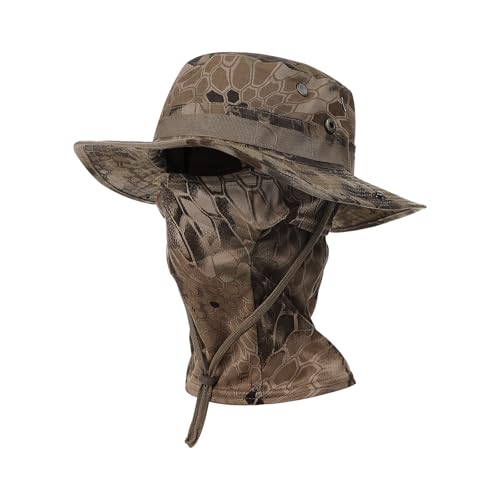 Boonie Hat with Balaclava Face Mask - UV Protection Wide Brim Sun Hat, Adjustable & Foldable for Hunting Fishing Outdoor - color: Python Yellow