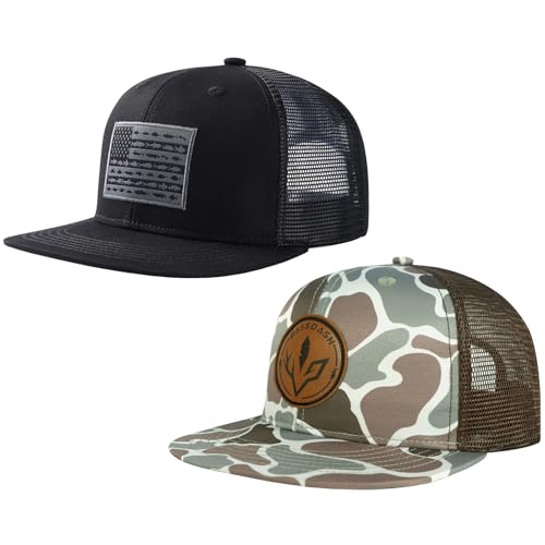 BASSDASH 2 Pack Flat Brim Trucker Cap Adjustable Snapback Hat Mesh Back for Men Women Fishing Hunting - color: Pack of 2, Black/Fish Flag & Color Block Camo
