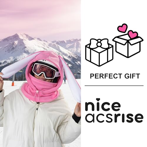 Fleece Balaclava Over Helmet - Warm Helmet Ninja Hood - Snowboard Hooded Hat Neck Gaiter Ski Mask - color: Pink&white|bunny, size: One Size