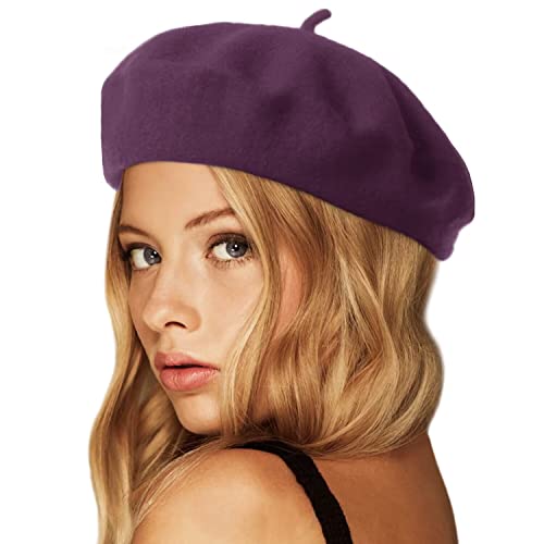 Wheebo Wool Beret Hat,Solid Color French Style Winter Warm Cap for Women Girls Lady - color: Taro Purple