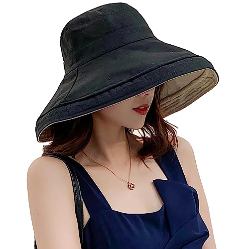 Women Wide Brim Sun Hats Metal Wired Edge Summer UV Protection Beach Fishing Hat for Hiking Garden Travel Chin Strap - color: Lant001-black, size: One Size