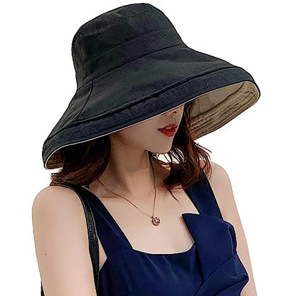 Women Wide Brim Sun Hats Metal Wired Edge Summer UV Protection Beach Fishing Hat for Hiking Garden Travel Chin Strap - color: Lant001-black, size: One Size