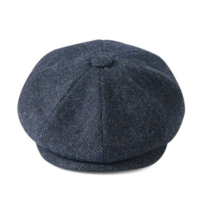 Men Wool Blend 8 Panel Newsboy Cap - color: Herringbone Navy, size: 7 3/8