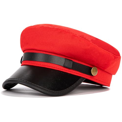 Women's Yacht Captain Sailor Hat, PU Material Newsboy Hat, Stylish Biker Hat, Baker Boy Hat, Peaked Beret - color: Red