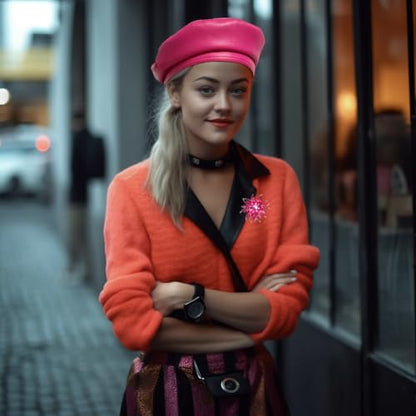 Chic PU Leather Beret for Women, Classic Berets Artist Painter Cap with Rhinestones Accessories - color: Hot Pink