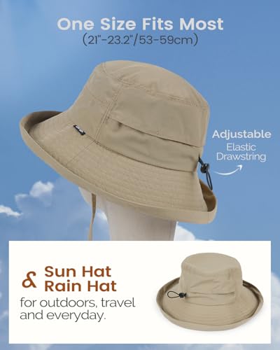 Bucket Sun Hat for Women, UPF 50+ Wide Brim, Packable, Waterproof Rain Hat for Hiking Outdoor Travel - color: Khaki