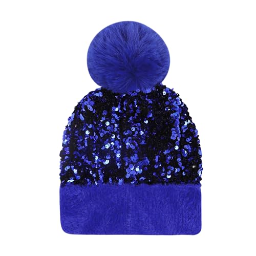 Women Sparkly Sequins Knitted Beanie Hat Warm Winter Skull Cap with Faux Fur Pom Pom - color: Blue