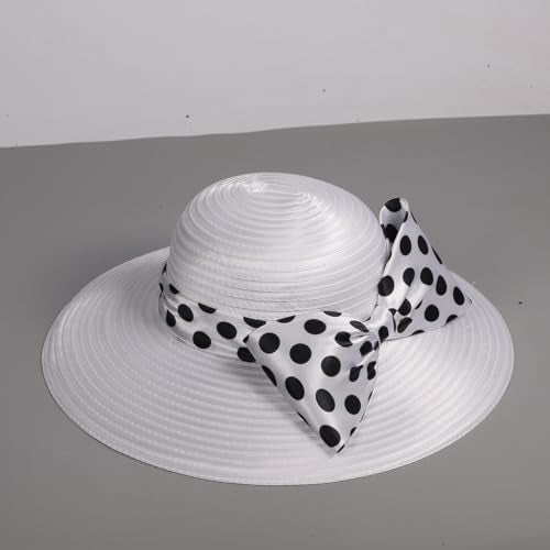 Women Wide Brim Rose Black Patchwork Kentucky Hat for Wedding Party Hat Big Bowknot Polka Dots Fedora Hats - color: White