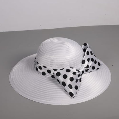 Women Wide Brim Rose Black Patchwork Kentucky Hat for Wedding Party Hat Big Bowknot Polka Dots Fedora Hats - color: White