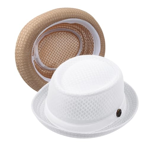 Summer Mesh Pork Pie Hat,Men Women Straw Fedora Cap,Lightweight Bowler Cap - color: White + Khaki