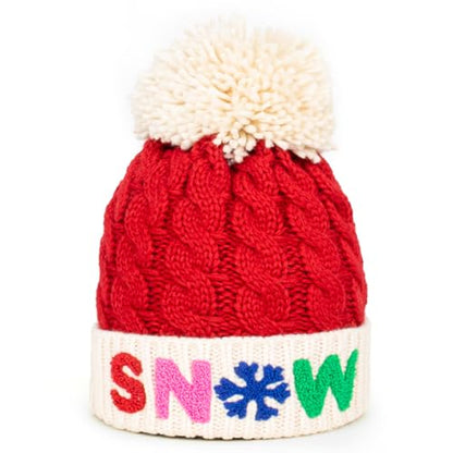Christmas Merry Beanie for Women Winter Crochet Hat Chunky Cable Knit Pompom Santa Hat - color: Red-snow