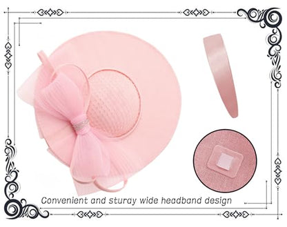 dressfan Wide Brim Fascinator Hats for Women,20s Linen Rhinestones Bow Big Hat for Derby Church Wedding Tea Party - color: Pink
