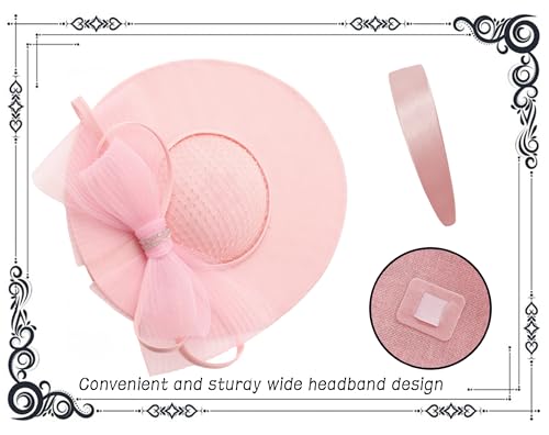 dressfan Wide Brim Fascinator Hats for Women,20s Linen Rhinestones Bow Big Hat for Derby Church Wedding Tea Party - color: Pink