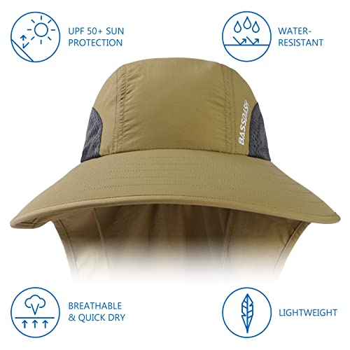 BASSDASH UPF 50+ Unisex Water Resistant Wide Brim Sun Hat with Large Neck Flap Ponytail Fishing Hat for Men Women - color: Dark Khaki