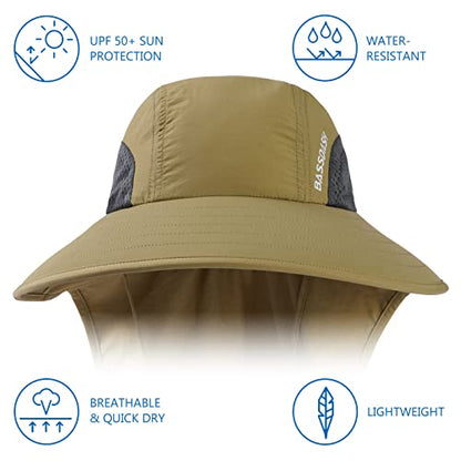 BASSDASH UPF 50+ Unisex Water Resistant Wide Brim Sun Hat with Large Neck Flap Ponytail Fishing Hat for Men Women - color: Dark Khaki