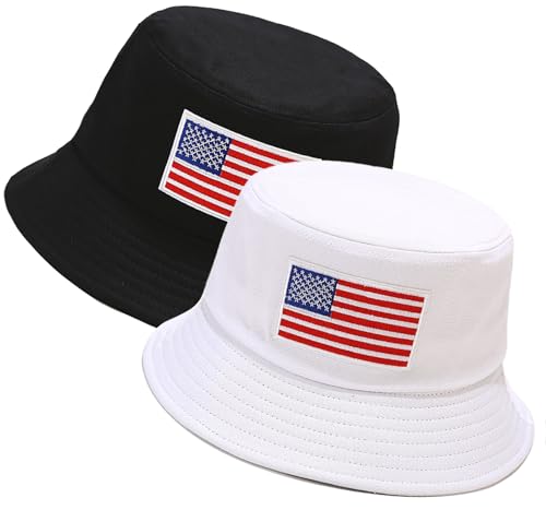 XYIYI 2 Pack Unisex Bucket Hat for Women Men Summer Beach Fishing Hat Sun Hat - color: American Flag Black White