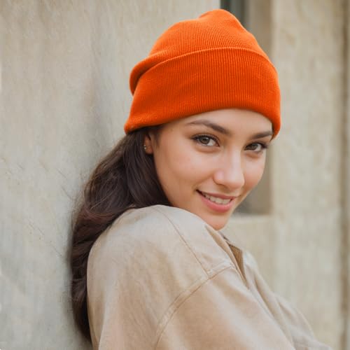 vidsel 100% Cotton Beanie Hat-Unisex Winter Knit Cuffed Beanies Skull Cap - color: 1-orange
