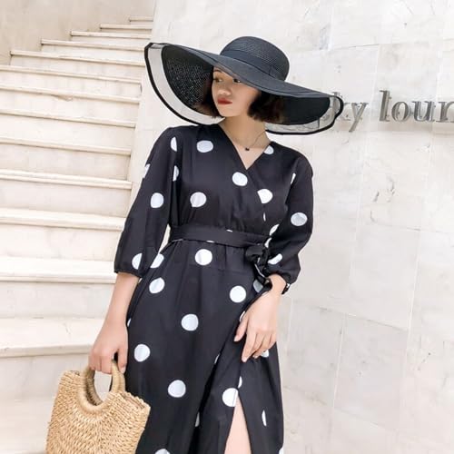 Womens Mens Wide Brim Straw Panama Hat Beach Sun Hat Summer Wide Brim Straw Roll up Hat Fisherman's UPF 50 - color: +Black