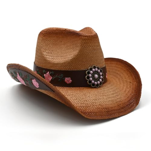 Foeran Men's Women's Straw Cowboy Hat Cowgirl Woven Sun Hat Western Cowboy Hat Two Decorative Bands - color: Brown-rose