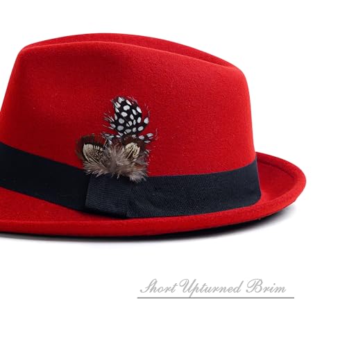 Short Brim Fedora Hat for Men Women Felt Trilby with Feather - color: Red