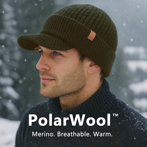 TOP-EX 100% Australian Merino Wool Brim Beanie, Polartec™ Fleece Lined - color: Olive Green, size: X-Large-XX-Large