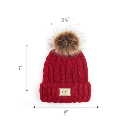 C.C Kids' Suede Patch Snuggly Soft Warm Knit Pom Cuff Beanie - color: Cable Knit Faux Fur, Red
