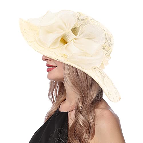 Haoohu Women's Church Derby Hat Wide Brim Bow Bucket Hat Wedding Dress Hat Fascinator Bridal Tea Party Hat - color: 03966leaf Beige