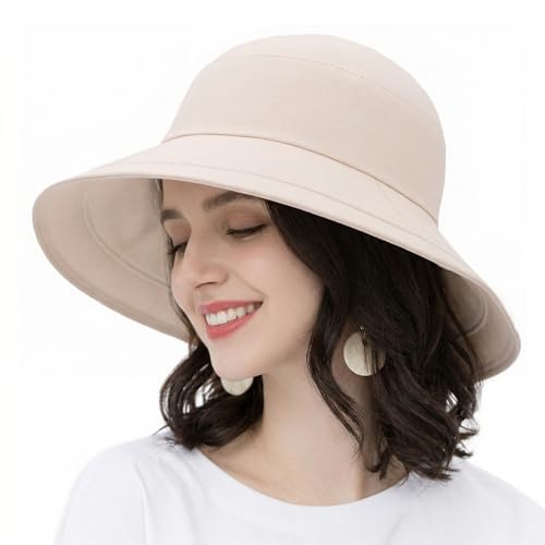 Womens Foldable Shapeable Brim Sun Hat UPF 50+ Cotton Wide Brim Beach Adjustable Chin Strap Hat Sun Protection Cap - color: Z1-beige