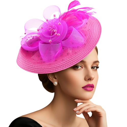 DRESHOW Fascinators Hat Flower Mesh Feathers Hat with a Headband and a Clip 7.9" Tea Party Headwear for Women - color: Folded Style 2: Deep Pink / 7.9"